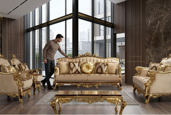 Dreisitzer Sofa 3 Sitzer Barock Rokoko Couch Luxus Sofas Stoff Textil Design