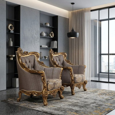 Ein luxuriöser klassischer Ohrensessel in Dunkelgrau mit goldenem Barockdesign von Chesterfield