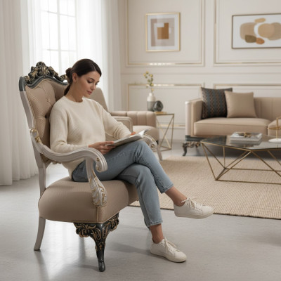 Sessel Ohrensessel Design Polster Sofa Couch Textil Barock Wohnzimmer Stoff Sitz