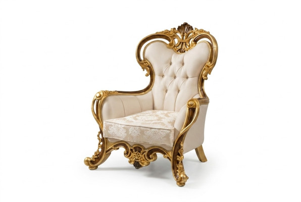 Luxuriöser klassischer Ohrensessel in weiß-goldenem Barockdesign 