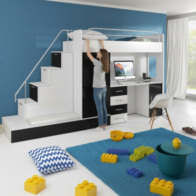 Schwarz Kinder Hochbett Etagenbett Doppelstockbett Bett Hochglanz