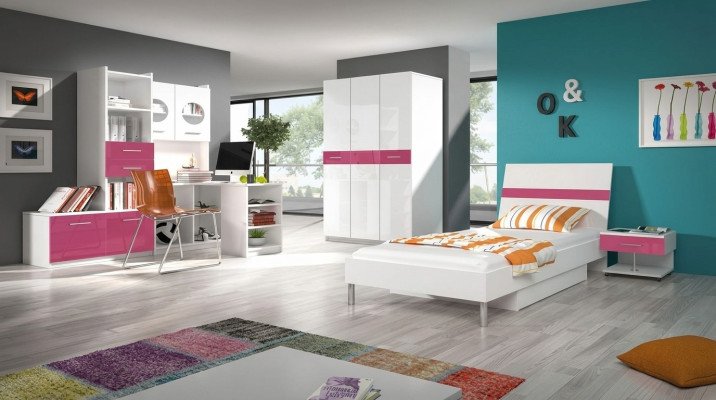 Bett + Nachttisch Schlafzimmer Jugendzimmer Kinderzimmer Set Möbel Pink 2tlg.
