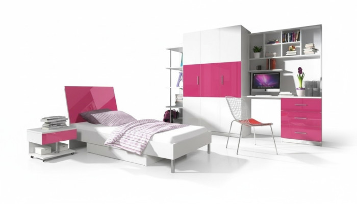 Rosa Kinderzimmer Set Bett Nachttisch Schrank Schreibtisch Bücherregal Neu 5tlg.