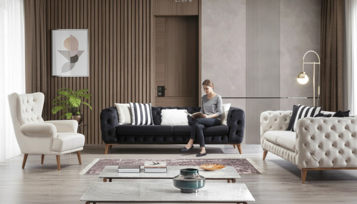 Sofagarnitur Sofa 3+3+1 Sitzer Schwarz Chesterfield Sessel Möbel