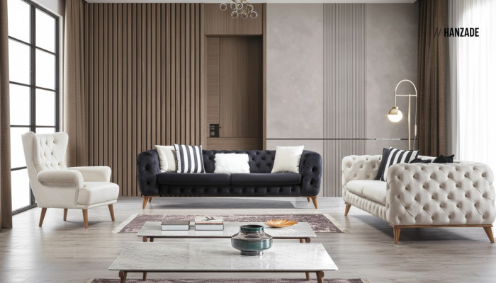 Sofagarnitur Sofa 3+3+1 Sitzer Schwarz Chesterfield Sessel Möbel
