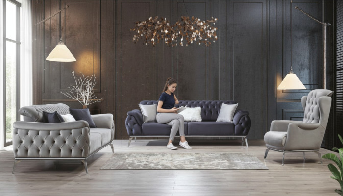 Sofagarnitur 3+3+1 Sitzer Blau Sessel Luxus Chesterfield Einrichtung
