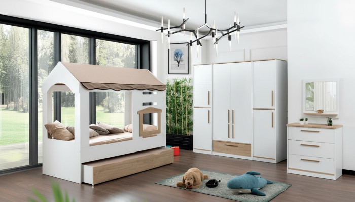 Kinderzimmer Bett Haus Überdachtes Bett Schlafzimmer Set Garnitur Spiegel 4tlg.