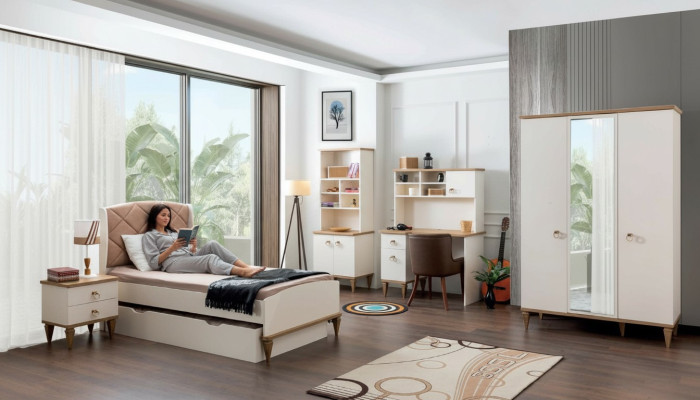 Unisex Schlafzimmer Jugendzimmer Set Bett Nachttisch Bücherregal Tisch 5tlg. Neu