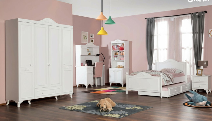 Landhaus Kinderzimmer Set Weiß Bett Nachttisch Schreibtisch Regal Schrank 5tlg.