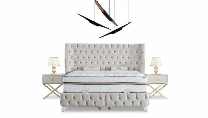 Schlafzimmer Set Weiß Boxspring Bett Chesterfield Elegantes 2x Nachttische 3tlg.