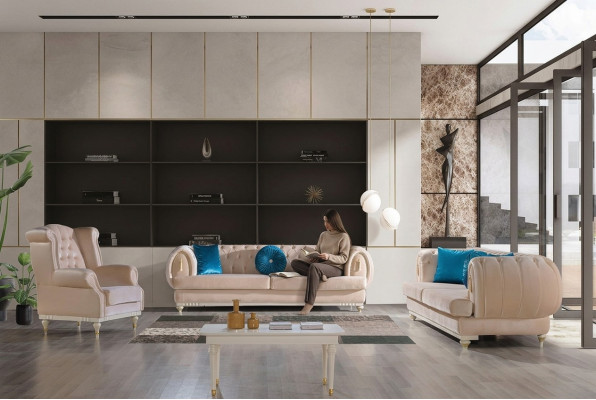 Beige Sofagarnitur 3+2+1 Sitzer Luxus Polster Couchen Stilvolle Möbel