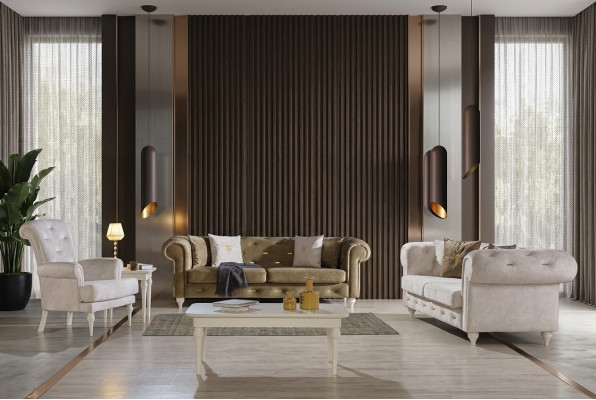 Stilvolle Wohnzimmer Sofagarnitur Dreistzer 2-Sitzer Luxus Sessel Couch