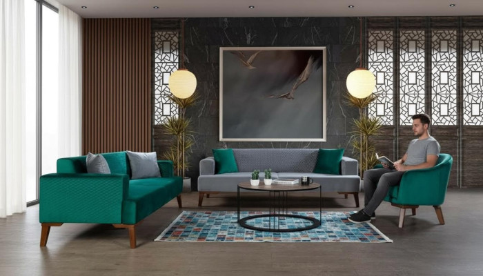 Sofagarnitur 3+3+1 Sitzer Designer Wohnlandschaft Grau Turkis Grün