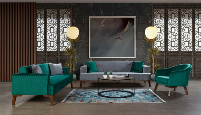 Sofagarnitur 3+3+1 Sitzer Designer Wohnlandschaft Grau Turkis Grün