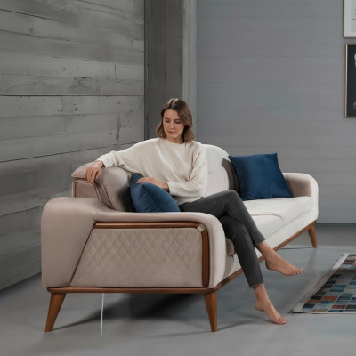 Beige Couch Wohnzimmer Dreisitzer Sitzpolster Sofa Möbel Samt Holz