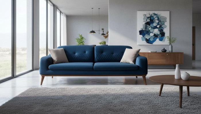Blaue Couch Dreisitzer Sofa Wohnzimmer Sitzpolster Möbel Samt Holz