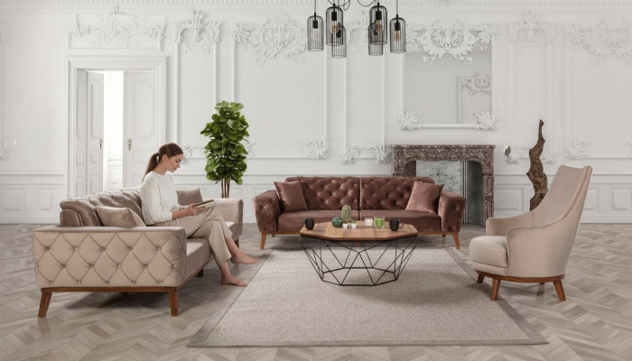 Sofagarnitur Sofa 3+3+1 Sitz Braun Sessel Stoff Chesterfield Samt