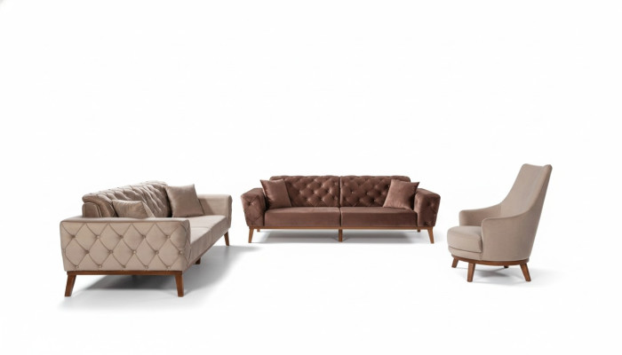 Sofagarnitur Sofa 3+3+1 Sitz Braun Sessel Stoff Chesterfield Samt