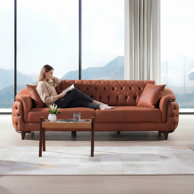 Orange Chesterfield Couch Dreisitzer Sofa Möbel Samt Holz Sitzpolster