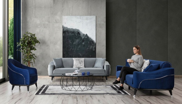 Sofagarnitur 3+3+1 Sitz Sofas Polster Couchen Holz grau blau Samt