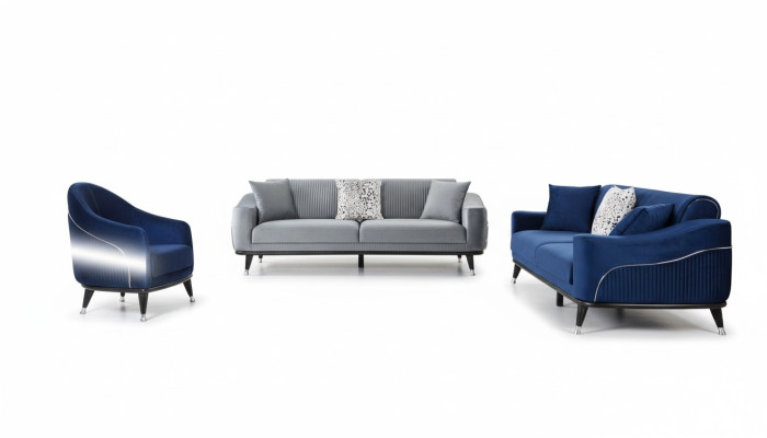 Sofagarnitur 3+3+1 Sitz Sofas Polster Couchen Holz grau blau Samt