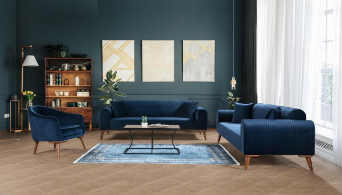 Sofagarnitur 3+3+1 Sitzer Sofa Sessel Royal Blaue Couch Samt 3tlg