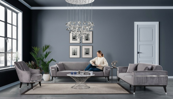 Sofagarnitur 3+3+1 Sitzer Sofa Sofas Sessel Stoff Holz Graue Couchen