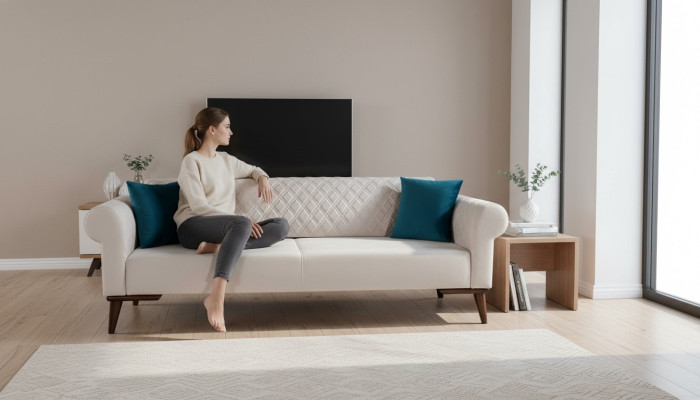 Beige Dreisitzer Couch Elegante Sofa Sitzmöbel Wohnzimmer Samt