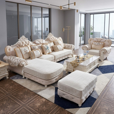 Ecksofa L-Form Sessel Hocker Couch Holz mit Textil Barock Rokoko