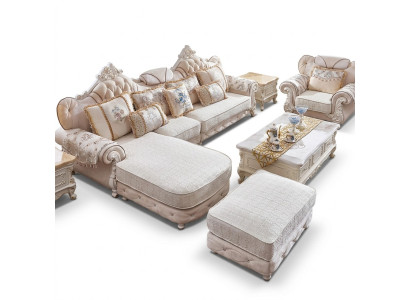 Ecksofa L-Form Sessel Hocker Couch Holz mit Textil Barock Rokoko