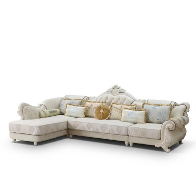 Klassisches großes Ecksofa in Weiß mit handgefertigten Holzelementen