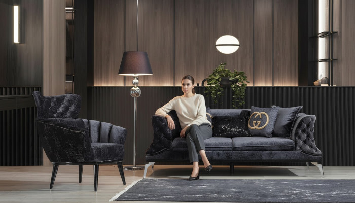 Schwarze Couch Sofa Garnitur 3+1 Sitz Chesterfield Wohnzimmer Polster