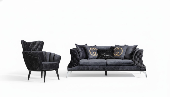 Schwarze Couch Sofa Garnitur 3+1 Sitz Chesterfield Wohnzimmer Polster