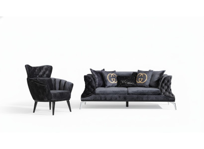 Schwarze Couch Sofa Garnitur 3+1 Sitz Chesterfield Wohnzimmer Polster