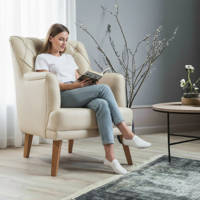 Wohnzimmer Sessel Möbel Modern Stoff Lounge Textil Kunstleder beige