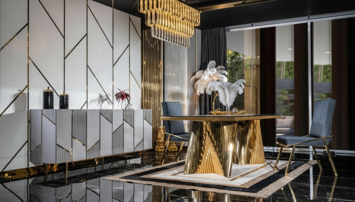 Esszimmer Set Stühle Esstisch Anrichte Tische 6tlg Edelstahl Gold