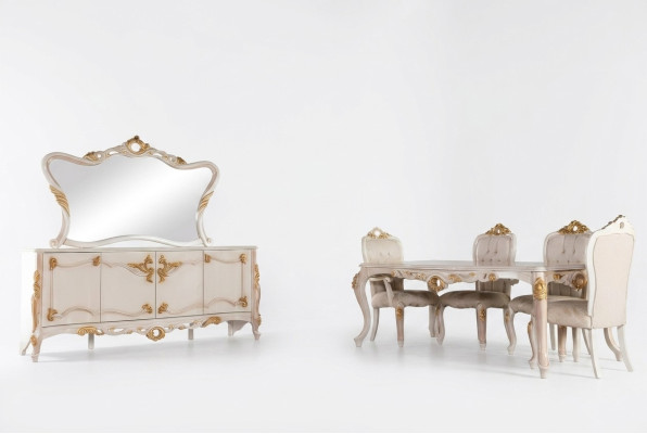 Garnitur Set 7tlg. Esszimmer Esstisch Stuhl Anrichte Spiegel Ess Stühle Tische