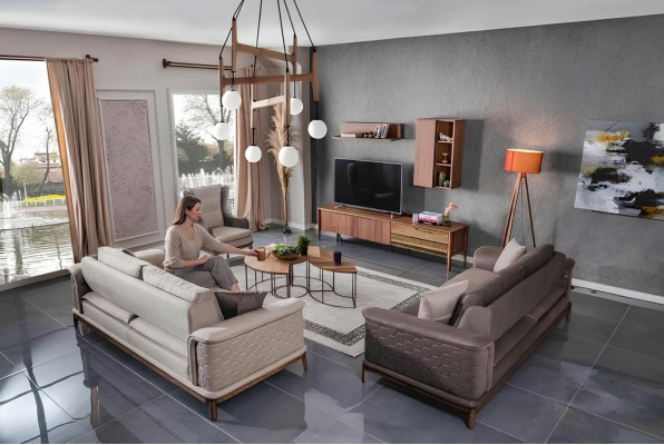Garnitur Sofagarnitur Luxus 3+3+1 Sitzer Sofa Stoff Sessel Sofas Modern Braune