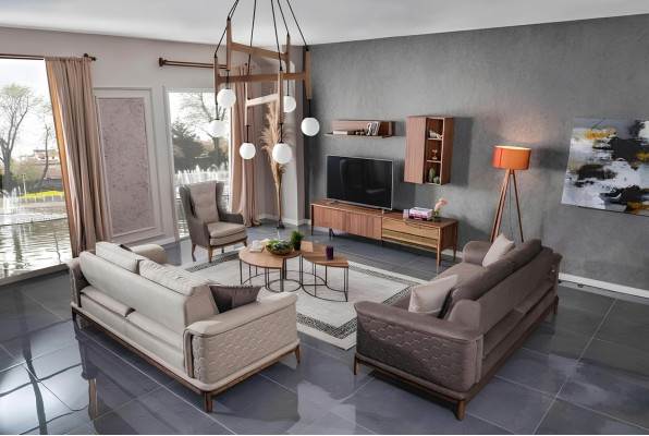 Garnitur Sofagarnitur Luxus 3+3+1 Sitzer Sofa Stoff Sessel Sofas Modern Braune
