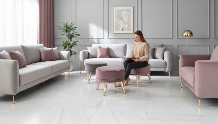 Hocker Sitzhocker Ottomane Pouf Modern Luxus Stoff Design Wohnzimmer Rosa Runder