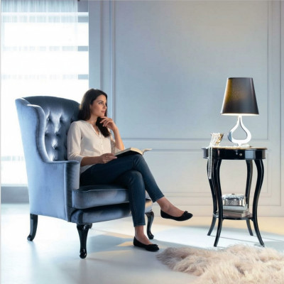 Sessel Ohrensessel Sitzer Sitz Stoff Blau Luxus Wohnzimmer Klassische Polyester