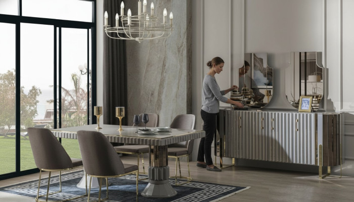 Modern Luxus Essgruppe Esszimmer Esstisch Garnitur Stühle Essecke Grau 5tlg