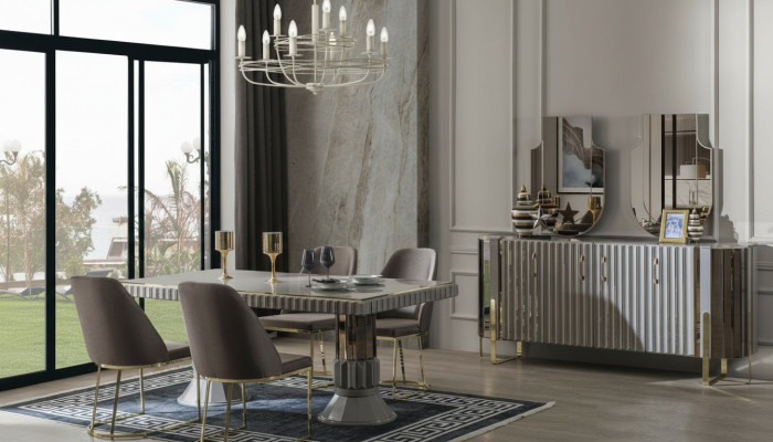 Modern Luxus Essgruppe Esszimmer Esstisch Garnitur Stühle Essecke Grau 5tlg