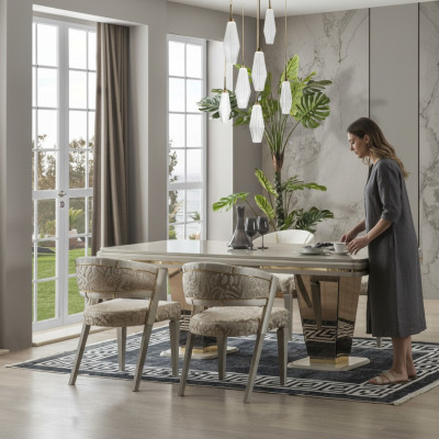Essecke Luxus Essgruppe Esszimmer Esstisch Garnitur Stühle Beige 5tlg