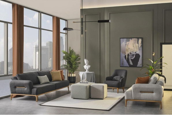 Sofagarnitur Sofa Sessel 431 Sitzer Stoff Luxus Grau Sofas Wohnzimmer