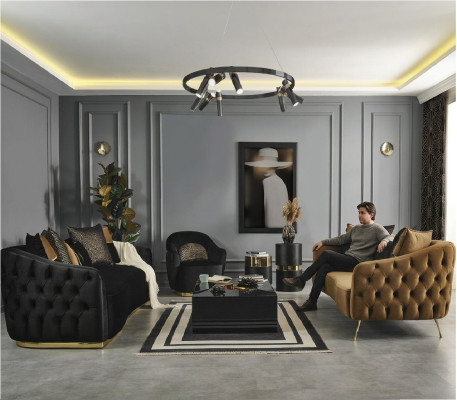 Chesterfield Sofagarnitur Sofa Sessel Blau Polyester Luxus Set 3tlg