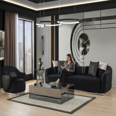 Sofagarnitur Sofa 4 Sitzer Sessel Viersitzer Stoff Schwarz Polyester