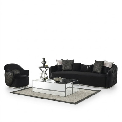 Sofagarnitur Sofa 4 Sitzer Sessel Viersitzer Stoff Schwarz Polyester