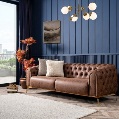 Chesterfield Viersitzer Sofa 4 Sitzer Sitz Polyester Braun Kunstleder