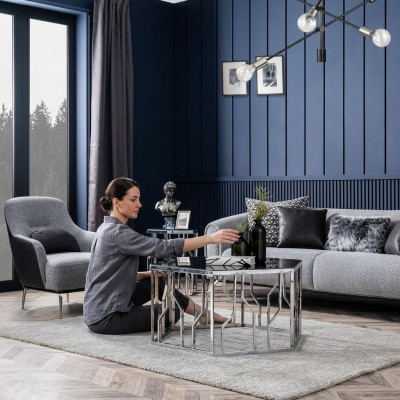 Modern Garnitur Sofa 3 Sitz Sessel Dreisitzer Stoff Grau Modern Polyester